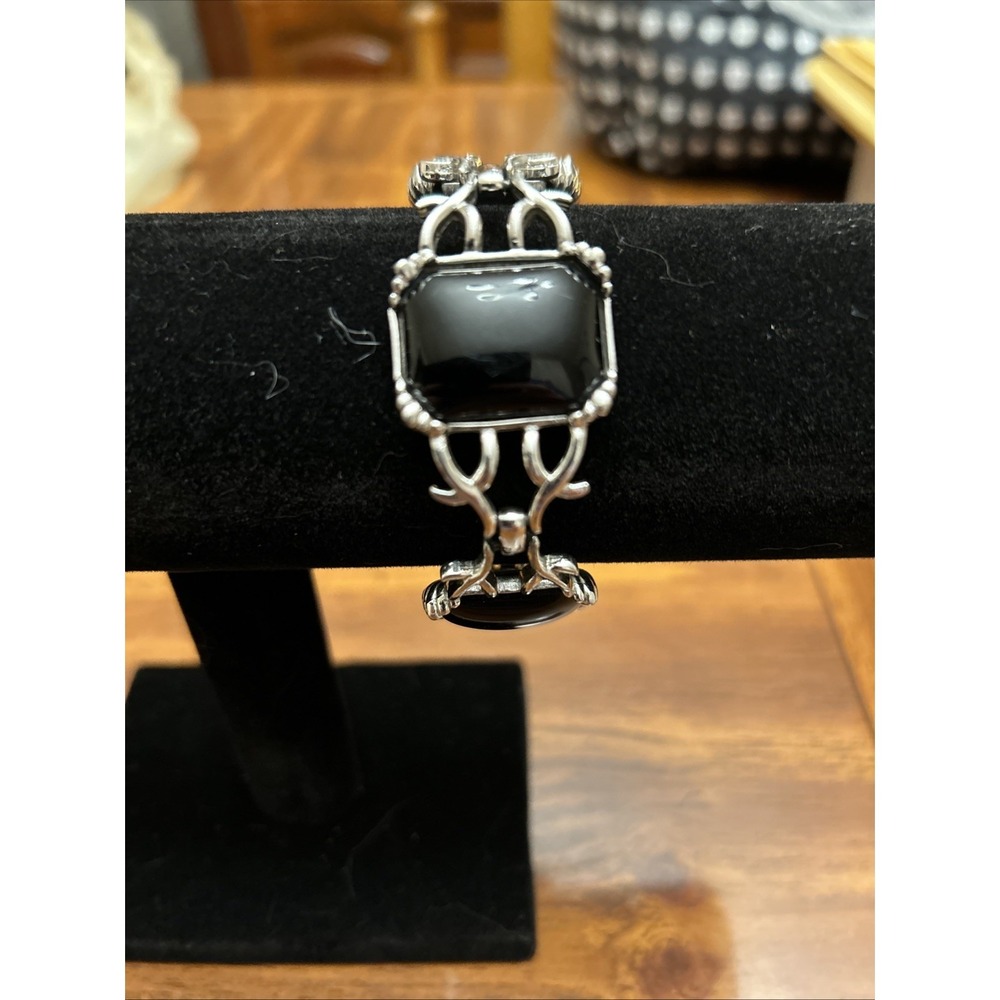 80's Silver Tone Large Black‎ Onyx Like Bracelet